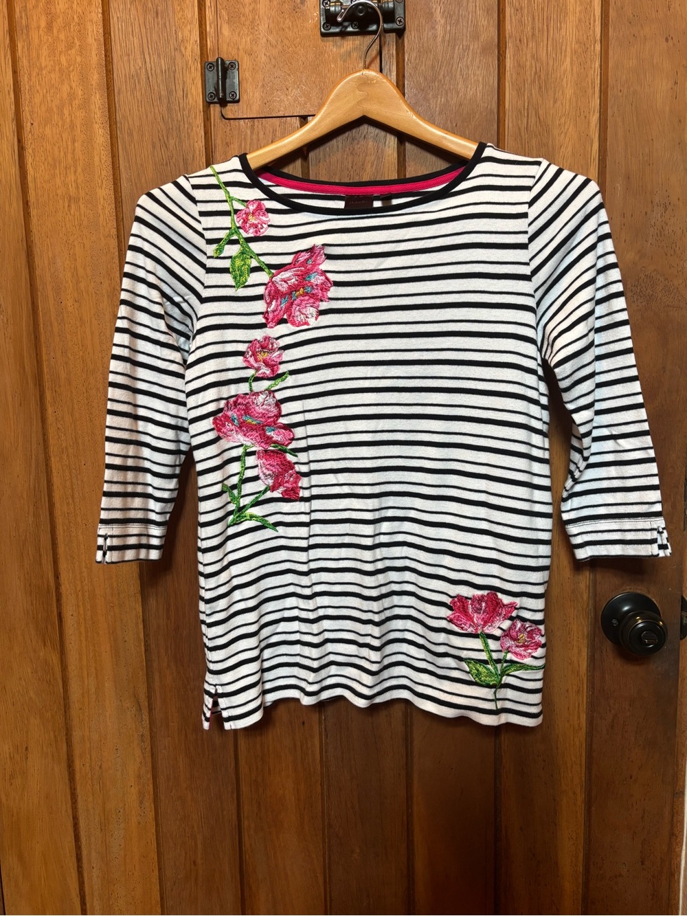 Rafaella Striped Black & White Floral Embroidered Womens Top